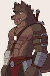 abs anthro bandage bandaged_arm bottomwear brown_body brown_fur clothing eyebrows fur jewelry male melee_weapon muscular muscular_anthro muscular_male nipples pendant shirtless shirtless_anthro shirtless_male simple_background sword sword_on_back talking_to_another teeth_showing weapon white_background ghosty_cult far_beyond_the_world_(series) erof_(far_beyond_the_world) canid canine canis mammal wolf