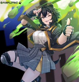 accessory animal_ears animal_tail black_hair bottomwear breasts brown_eyes clothed clothing female fingerless_gloves footwear gesture gesturing_at_viewer gloves gun hair handgun handwear holstered_pistol jacket knee_pads looking_at_viewer necktie one_eye_closed open_clothing open_jacket open_mouth open_smile open_topwear pistol pose ranged_weapon shirt shoes short_hair skirt smile solo standing topwear weapon murplepuke arknights hypergryph studio_montagne jackie_(arknights) animal_humanoid canid canid_humanoid canine canine_humanoid canis dog_humanoid humanoid mammal mammal_humanoid 2022 absurd_res hi_res