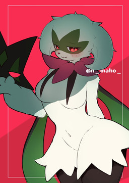 anthro blush breast_curtains breasts featureless_breasts female fur green_body green_fur hand_behind_back huge_hips huge_thighs looking_at_viewer medium_breasts multicolored_body navel red_eyes small_waist solo thick_thighs twitter_handle unmasked wide_hips mahosuzu nintendo pokemon felid feline generation_9_pokemon mammal meowscarada pokemon_(species) hi_res