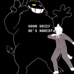 anthro black_background black_body clothing duo fur male nude simple_background suit tail text white_body white_fur white_tail addoncomplete86 labirhin_(modeler) deltarune mau_makan_apa nickelodeon spongebob_squarepants undertale_(series) friend_(deltarune) jaya_utomo_(mau_makan_apa) canid canine canis felid humanoid mammal 1:1 english_text hi_res meme