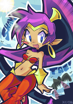 blue_eyes breasts brown_body brown_skin cleavage clothed clothing cloud day ear_piercing ear_ring female footwear hair humanoid_pointy_ears long_hair navel not_furry open_mouth open_smile palm_tree piercing plant pointy_ears ponytail purple_hair ring_piercing smile solo sun tree xochibunsai shantae_(series) wayforward shantae genie humanoid absurd_res hi_res signature