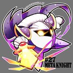 armor cape clothing galaxia_(sword) glowing glowing_eyes male mask melee_weapon not_furry seven-branched_sword shoulder_pads simple_background solo sword text weapon quas-quas kirby_(series) nintendo meta_knight waddling_head 1:1 2018 english_text low_res signature