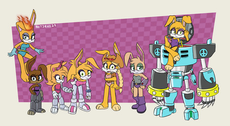 boots brown_body brown_fur clothed clothing cybernetic_arm cybernetic_leg cybernetic_limb female fire footwear fur group hat headgear headwear machine shoes text yellow_body yellow_fur notaskull29 archie_comics sega sonic_the_hedgehog_(archie) sonic_the_hedgehog_(comics) sonic_the_hedgehog_(series) bunni_(archie_sonic) bunnie_rabbot buns_rabbot scarlette_rabbot lagomorph leporid mammal rabbit robot artist_name