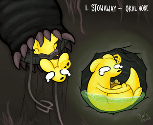 ambiguous_gender anthro bodily_fluids curled_up digestion_implied duo flower_accessory hook implied_fatal internal oral_vore organs restrained restrained_arms restrained_by_tentacles semi-anthro sharp_teeth stomach stomach_acid tail tears teeth tendrils tentacles text tongue vore wide_eyed yellow_body pincoosh rain_world videocult monk_(rain_world) slugcat stowaway_(rain_world) digital_media_(artwork) hi_res signature