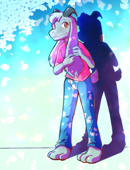 anthro blue_sky bottomwear cherry_blossom clothing denim denim_bottomwear denim_clothing flower fur grey_body grey_fur horn jeans looking_at_viewer male pants paws pink_clothing pink_shirt pink_t-shirt pink_topwear plant projector prunus_(flower) red_eyes shadow shirt shy sky smile solo standing t-shirt topwear goat_boy9 kyrio goat_boy9_(character) boss_monster_(undertale) bovid caprine goat mammal artist_collaboration digital_drawing_(artwork) digital_media_(artwork) hi_res