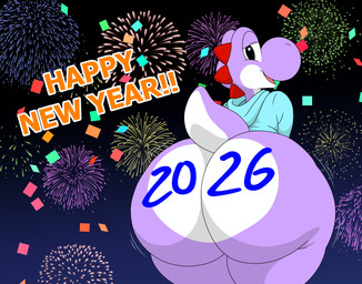 anthro big_butt blue_clothing body_writing bodypaint bottomless butt butt_focus clothed clothing fireworks holidays hoodie looking_at_viewer looking_back male open_mouth purple_body solo thick_thighs topwear writing_on_butt wolfe_fubuki mario_bros new_year new_year_2026 nintendo hiroshi_(wolfe_fubuki) yoshi hi_res