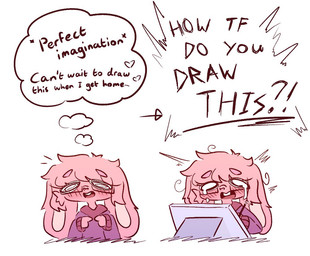 ambiguous_gender anthro art_block big_ears blush blush_lines bodily_fluids clothing crying dialogue directional_arrow eyewear floppy_ears fluffy fluffy_hair fur glasses hair heart_symbol interrobang pink_body pink_fur pink_nose purple_clothing rectangular_glasses solo speech_bubble tears text thought_bubble bunnelbake ellie_(bunnelbake) lagomorph mammal english_text
