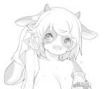 anthro beverage black_and_white blush bottle bovid bovine breasts container digital_media_(artwork) drying drying_hair female food fur hair horn kemono kikurage looking_at_viewer mammal milk monochrome nude shaded short_hair simple_background slightly_chubby smile solo towel ushi wet white_background