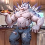 anthro biceps big_muscles bulge clothed clothing ear_piercing food fruit kitchen looking_at_viewer male muscular navel nipples pecs piercing plant scar solo strawberry topless torn_clothing waffle physen bandai_namco digimon canid canine digimon_(species) mammal weregarurumon absurd_res hi_res