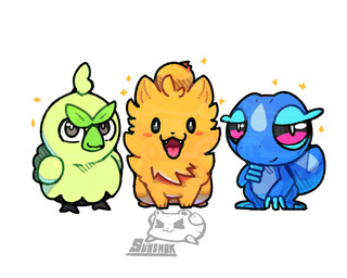 2_toes 3_fingers ambiguous_gender anthro beak biped blue_body blush blush_stickers eyebrows feet feral fingers fluffy fluffy_tail fur green_beak green_body green_eyebrows grey_eyes group leaf leaf_eyebrows looking_at_viewer open_mouth orange_body orange_fur quadruped simple_background smile sparkles starter_trio tail text toes tongue trio tuft white_background sunsnak nintendo pokemon pokemon_winds_and_waves avian browt canid canine gecqua generation_10_pokemon lizard mammal pokemon_(species) pombon reptile scalie 2026 5:4 artist_name colored digital_drawing_(artwork) digital_media_(artwork) hi_res