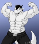 abs anthro athletic belt biceps big_muscles biped black_hair black_horn blue_eyes bottomwear bulge claws clothed clothing ear_piercing fangs flexing fur grin hair horn looking_at_viewer male muscular muscular_anthro muscular_male nipples pants pecs piercing pose smile solo standing tail teeth topless white_body white_fur deadanthro mythology zerk dragon furred_dragon furred_scalie mythological_creature mythological_scalie scalie hi_res