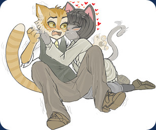 :3 accessory anthro black_hair blush bottomwear canon_couple caressing caressing_cheek caressing_face claws clothed clothing constricted_pupils daww dress duo fangs female flirting flustered footwear fully_clothed fur green_clothing grey_body grey_fur hair hand_on_head happy heart_symbol intimate kiss_on_cheek kissing love male male/female necktie nuzzling orange_body orange_fur pants pupils romantic romantic_ambiance romantic_couple shaking shoes shy simple_background sitting small_pupils tail tail_motion tailwag teeth trembling whiskers white_background ryuiishi lackadaisy calvin_mcmurray ivy_pepper domestic_cat felid feline felis mammal 2013 digital_drawing_(artwork) digital_media_(artwork)