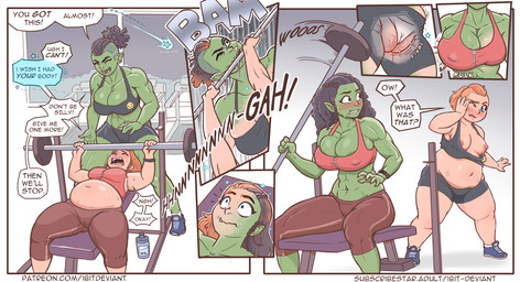 abs body_swap bottomwear bra breast_expansion breasts camel_toe clothing dialogue duo ear_piercing ear_ring exercise expansion female female/female genitals green_body growth human_to_humanoid humanoid_pointy_ears humanoid_to_human muscle_growth muscular muscular_female navel nipple_outline nipples overweight overweight_female pants piercing pointy_ears ring_piercing shorts species_transformation sports_bra surprised text transformation tusks underwear vulva weight_gain weightlifting workout 1bit-deviant dwarf human humanoid mammal orc digital_media_(artwork) english_text hi_res