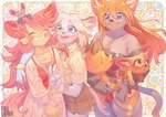 ambiguous_gender anthro blue_eyes clothed clothing eyes_closed female feral gesture group hair hand_gesture heterochromia inner_ear_fluff kemono orange_hair pink_hair smile tuft v_sign white_hair aruurara hashimoto-chan momo_(aruurara) navel_(aruurara) canid canine domestic_cat felid feline felis fox mammal mouse murid murine rodent