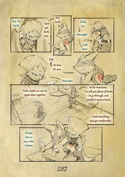 anthro arm_scar arm_tattoo biped blue_eyes chest_spike claws dialogue duo eyelashes female fur hand_spike inside male onomatopoeia open_mouth page_number pouch_(clothing) red_eyes red_tattoo scar sound_effects spikes spikes_(anatomy) stretching stretching_back tail tattoo text toe_claws truescorn nintendo pokemon pokemon_mystery_dungeon spike_chunsoft asche_(truescorn) clarity_(truescorn) generation_4_pokemon lucario pokemon_(species) weavile 2026 absurd_res comic english_text hi_res huge_filesize