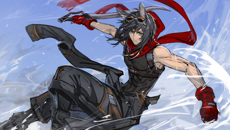 action_pose belt black_hair bottomwear clothing eyewear eyewear_on_head gloves goggles goggles_on_head hair handwear holding_melee_weapon holding_object holding_sword holding_weapon jacket looking_at_viewer male melee_weapon muscular muscular_male pants pose red_clothing red_gloves red_handwear red_scarf scarf solo sword tail topwear weapon ryuuzaki_ichi arknights hypergryph studio_montagne courier_(arknights) animal_humanoid deer deer_humanoid humanoid mammal mammal_humanoid 2024 digital_media_(artwork)