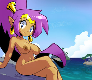 areola big_breasts blue_eyes breasts brown_areola brown_nipples cloud crossed_legs dark_body dark_skin ear_piercing ear_ring eyelashes female front_view hair humanoid_pointy_ears island long_hair navel nipples nude piercing pointy_ears ponytail purple_hair ring_piercing sea sitting sky smile solo thick_thighs water wide_hips gorllus shantae_(series) wayforward shantae genie humanoid hi_res