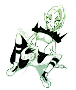 areola bottomwear breasts clothed clothing eyebrows female fingers footwear freckles genitals gloves hair half-closed_eyes handwear humanoid_pointy_ears looking_at_viewer narrowed_eyes noseless not_furry pointy_ears raised_bottomwear raised_clothing raised_topwear shoes simple_background socks solo spread_legs spreading tentacles text topwear vulva white_background kuuakun disney wander_over_yonder lord_dominator alien alien_humanoid humanoid absurd_res artist_name hi_res url