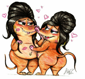 accessories_only anthro anus belly big_belly big_butt black_hair bracelet butt claws dipstick_tail duo ear_piercing ear_ring eyeshadow featureless_chest female flat_chested genitals hair hair_bun hand_on_another's_belly hand_on_belly heart_symbol hoop_ear_ring jewelry kiss_mark kiss_mark_on_belly kiss_mark_on_face lipstick looking_at_another makeup markings navel navel_piercing nude overweight overweight_anthro overweight_female piercing pink_lipstick ring_piercing selfcest simple_background smile snout square_crossover standing tail tail_markings thick_thighs updo vulva white_background wide_hips jusu-tengu disney zootopia fru_fru arctic_shrew eulipotyphlan mammal shrew 2017 dated hi_res traditional_media_(artwork)