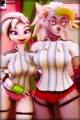 anthro argentina big_breasts bottomwear breasts clothed clothing duo female female/female hair hotpants looking_at_viewer machine purple_eyes shorts topwear yellow_eyes blackterio mayosplash_(modeler) five_nights_at_freddy's five_nights_at_freddy's:_security_breach scottgames steel_wool_studios glamrock_chica roxanne_wolf avian bird canid canine canis chicken galliform mammal phasianid robot robot_anthro wolf 3d_(artwork) absurd_res blender_(artwork) blender_cycles_(artwork) digital_media_(artwork) hi_res