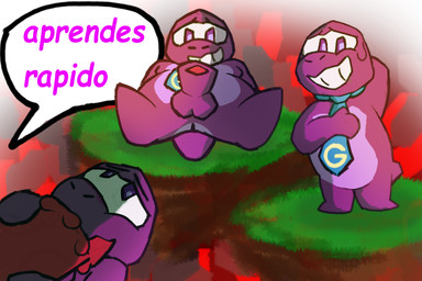anthro balls butt clothed clothing duo feral genitals male male/male nude oral out_of_frame penis pink_body smile smiling_at_viewer solo text sirunfurr gameoverse glitch_productions gobbles_(gameoverse) dinosaur prehistoric_species reptile scalie hi_res shaded