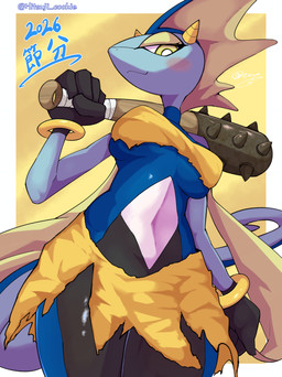 anthro blue_body blush breasts clothed clothing female horn melee_weapon simple_background smile solo weapon hitsuji_cookie nintendo pokemon generation_8_pokemon inteleon pokemon_(species) reptile scalie absurd_res hi_res