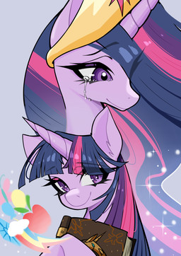 aged_up bodily_fluids book crown cutie_mark duo female feral headgear horn sparkles tears tome wings peppermintovo friendship_is_magic hasbro my_little_pony mythology queen_twilight_(mlp) twilight_sparkle_(mlp) equid equine mammal mythological_creature mythological_equine unicorn winged_unicorn absurd_res hi_res