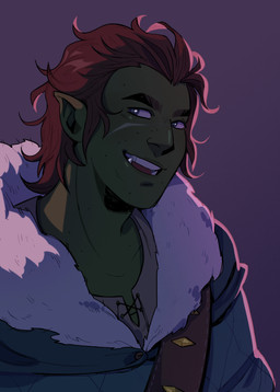 black_eyebrows blue_eyes blue_pupils blue_shawl brown_hair cheek_scar clothed clothed_humanoid clothed_male clothing eyebrows facial_scar fur_trim_(clothing) fur_trim_shawl green_body green_lips green_skin grey_clothing grey_shirt grey_topwear hair humanoid_pointy_ears light lips male male_humanoid not_furry open_mouth open_smile pointy_ears pupils purple_background red_tongue scar shawl shirt short_hair simple_background smile solo tongue topwear tusks thedustyleaves dungeons_and_dragons hasbro oxventure wizards_of_the_coast dob_(oxventure) half-orc humanoid 2020 absurd_res colored digital_drawing_(artwork) digital_media_(artwork) english_description half-length_portrait hi_res huge_filesize lighting portrait shaded