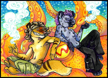 anthro breasts clothed clothing dreadlocks drugs duo female marijuana paws piercing smoking stoned stripes substance_intoxication tail tentacles topless amsterdam fishyboner aquatic cephalopod coleoid herpestid hyena mammal mollusk mongoose octopodiform spotted_hyena artist_collaboration traditional_media_(artwork)