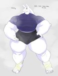 anthro black_bottomwear black_clothing black_shorts blush bodily_fluids bottomwear breasts clothing dialogue female hand_on_leg hand_on_thigh horn hyper mass_(weight) measurements muscular muscular_female purple_clothing purple_shirt purple_topwear shirt shorts simple_background small_head smile solo standing sweat sweatdrop text topwear white_body freebird11 undertale undertale_(series) toriel boss_monster_(undertale) bovid caprine mammal 2020 absurd_res digital_media_(artwork) english_text hi_res