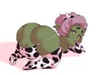 all_fours animal_print balls big_balls big_butt breasts butt clothing cow_print fake_cow_horns fake_horns genitals gloves green_body gynomorph hair handwear humanoid_pointy_ears intersex legwear looking_at_viewer looking_back looking_back_at_viewer not_furry pink_hair pointy_ears short_stack simple_background smile solo stockings white_background borvar goblin humanoid 2022 digital_media_(artwork) hi_res