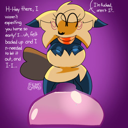 anthro anthrofied areola areola_slip big_breasts black_areola black_body bodily_fluids bottomless breasts cleavage clothed clothing collared_shirt condom cum dialogue dress dress_shirt eyelashes eyes_closed filled_condom genital_fluids gynomorph intersex pokemorph profanity purple_background scarf sexual_barrier_device shirt simple_background smile solo tail text thick_thighs topwear wearing_condom wide_hips filthycottonart unfortu-nate game_freak nintendo pokemon spookana_(unfortu-nate) generation_7_pokemon mimikyu pokemon_(species) 1:1 2024 digital_media_(artwork) english_text hi_res