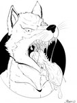 anthro bodily_fluids drooling fangs fur looking_at_viewer male mouth_shot open_mouth saliva saliva_on_tongue saliva_string solo teeth tongue tongue_out uvula whiskers marcushunter bleach_(series) sajin_komamura canid canine canis mammal wolf 2020 3:4 headshot_portrait hi_res monochrome portrait signature