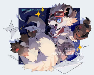 3_fingers 3_toes anthro belt_pouch black_claws blue_background blue_eyes bottomless brown_body brown_clothing brown_coat brown_fur brown_topwear claws clothed clothed_male clothing coat coat_only crossed_legs eyewear eyewear_on_head fangs feet finger_claws fingers fur goggles goggles_on_head holding_letter letter male open_mouth paper pawpads pupils red_clothing red_coat red_eyewear red_goggles red_pawpads red_topwear semi-anthro simple_background slit_pupils solo sparkles tail tan_body tan_fur teeth text toe_claws toes tongue_showing topwear topwear_only wearing_goggles white_background white_clothing white_coat white_sclera white_topwear dg_jia mammal procyonid raccoon 2023 dated digital_drawing_(artwork) digital_media_(artwork) english_text full-length_portrait portrait screentone