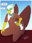 anthro breasts female genitals nipples nude pussy scarf solo speech_bubble lunarnobis friendship_is_magic hasbro my_little_pony mythology greta_(mlp) avian gryphon mythological_avian mythological_creature hi_res