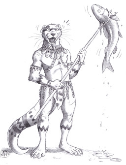 anthro biped bottomwear bracelet clothing duo feral fishing happy holding_melee_weapon holding_object holding_polearm holding_trident holding_weapon jewelry loincloth looking_at_viewer male melee_weapon open_mouth open_smile polearm seashell seashell_necklace shell smile smiling_at_viewer spearfishing standing stone_age trident weapon whiskers 0laffson aquatic fish mammal mustelid otter 2026 full-length_portrait hi_res portrait traditional_media_(artwork)