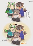 anthro blush duo electronics fur green_body green_fur grey_body grey_fur group headphones headphones_around_neck kerchief male mascot_costume pawpads scar text trio igarashi_ta lifewonders live_a_hero tokyo_afterschool_summoners jock_protagonist_(tas) mokdai moritaka_(tas) protagonist_(tas) canid canine canis domestic_dog human mammal english_text hi_res