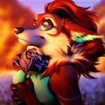 1:1 2021 anthro black_nose blurred_background breasts canid canine canis clothed clothing day detailed_background digital_media_(artwork) domestic_dog female fur hair hi_res mammal outside red_body red_fur red_hair sky smile solo wayn_animation