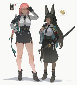 accessory armor belt black_hair boots bottomwear breasts capelet clothing duo eyebrows eyelashes eyewear female fingerless_gloves footwear glasses gloves hair handwear inner_ear_fluff long_skirt necktie pink_hair pleated_skirt question_mark red_eyes shoes skirt thought_bubble tuft cheshirrr mihoyo zenless_zone_zero hoshimi_miyabi tsukishiro_yanagi animal_humanoid canid canid_humanoid canine canine_humanoid fox_humanoid human humanoid mammal mammal_humanoid thiren 2026 hi_res pictographics