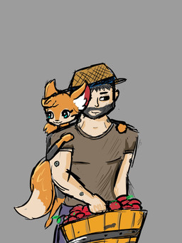 anthro apple black_hair blue_eyes duo female food fruit fur hair male orange_body orange_fur orange_hair plant tail yanzihko canid canine fox human mammal 3:4 absurd_res hi_res