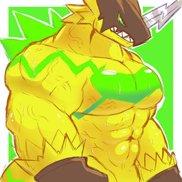 abs anthro green_eyes horn male muscular muscular_anthro muscular_male pecs scales solo yellow_body yellow_scales leafy97 bandai_namco digimon bulkmon digimon_(species) scalie 1:1 colored hi_res