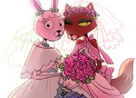 anthro bouquet bunny_(courage_the_cowardly_dog) c2ndy2c1d cartoon_network clothing courage_the_cowardly_dog domestic_cat dress duo felid feline felis female female/female floral flower flower_crown flower_garland garland head_wreath kitty_(courage_the_cowardly_dog) lagomorph leporid mammal one_eye_closed pink_body plant rabbit red_body rose_(flower) simple_background wedding wedding_dress white_background yellow_sclera