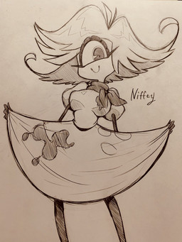 1_eye breasts clothed clothing female not_furry solo text curemitsuba hazbin_hotel hellaverse niffty_(hazbin_hotel) cyclops demon demon_humanoid humanoid 3:4 character_name hi_res monochrome traditional_media_(artwork)
