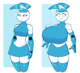 5_fingers big_breasts breast_expansion breasts ellipsis exclamation_point expansion female fingers huge_breasts machine midriff navel not_furry solo zetaskully my_life_as_a_teenage_robot nickelodeon jenny_wakeman android robot 2021 hi_res