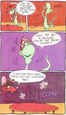 alcohol anthro beverage dialogue drunk duo female food male substance_intoxication tail text toony nick_stadler epic_games jazz_jackrabbit_(series) lizard mammal murid murine rat reptile rodent scalie comic english_text official_art