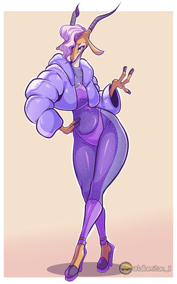 anthro blonde_hair breasts clothed clothing female fur hair horn simple_background smile solo lallamitan_t disney zootopia gazelle_(zootopia) antelope bovid canid canine gazelle mammal absurd_res hi_res