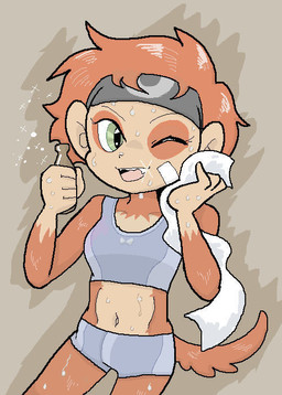 5_fingers accessory anthro bodily_fluids bottle bottomwear clothing container female fingers front_view fur green_eyes hair headband holding_bottle holding_container holding_object looking_at_viewer midriff navel one_eye_closed orange_body orange_fur shirt short_hair shorts smile solo sweat tan_body tan_skin tank_top tight_clothing topwear towel wink pokecider haplorhine mammal monkey primate cel_shading shaded