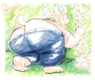 anthro beard big_butt blonde_beard blonde_facial_hair blonde_hair blue_eyes butt clothed clothing electronics emanata facial_hair flower fur gardening_tool grass hair horn looking_at_viewer looking_back male mature_anthro mature_male plant radio scut_tail short_tail solo tail white_body white_fur squeamsel undertale_(series) asgore_dreemurr boss_monster_(undertale) bovid caprine goat mammal hi_res signature