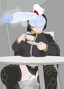balls balls_on_face beak big_balls big_breasts big_penis black_hair blue_beak blush blush_lines bodily_fluids breasts clothed clothing container cup ejaculation excessive_genital_fluids excessive_vaginal_fluids eyes_closed feathers female female_human feral genital_fluids genitals hair huge_balls huge_breasts huge_penis humanoid_genitalia humanoid_penis hyper hyper_genitalia hyper_penis lactating light_body light_skin male male/female nipple_outline panties penis plate short_hair smile tea_cup throbbing throbbing_penis underwear vaginal_fluids vaginal_fluids_through_clothing vaginal_squirting wet wet_clothing white_body white_feathers confusedsabron lobotomy_corporation project_moon binah_(project_moon) punishing_bird avian bird human mammal hi_res