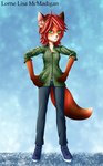 abstract_background anthro blue_bottomwear blue_clothing blue_jeans blue_pants bottomwear clothed clothing confident dark_hands denim denim_bottomwear denim_clothing female flannel flannel_shirt fluffy fluffy_ears fluffy_tail fur green_clothing green_eyes hair hands_on_hips jeans looking_at_viewer orange_body orange_fur pants red_hair snout solo tail text white_body white_fur rex_feles lorne_(rex_feles) canid canine fox mammal red_fox true_fox absurd_res hi_res